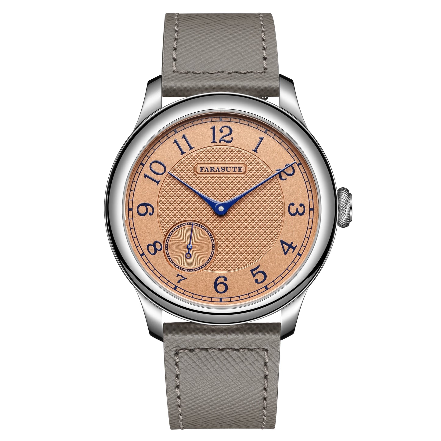 FARASUTE NEW Machinery Herrenuhr mit lachsfarbenem Zifferblatt, ST17 Handaufzug-Mechanikuhr, Kleine Sekunde, Vintage-Bonklip-Armband