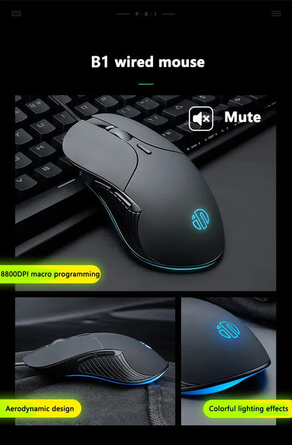 INPHIC B2 trådbunden USB-mus, tyst kontors- och gamingmus för PC och bärbara datorer