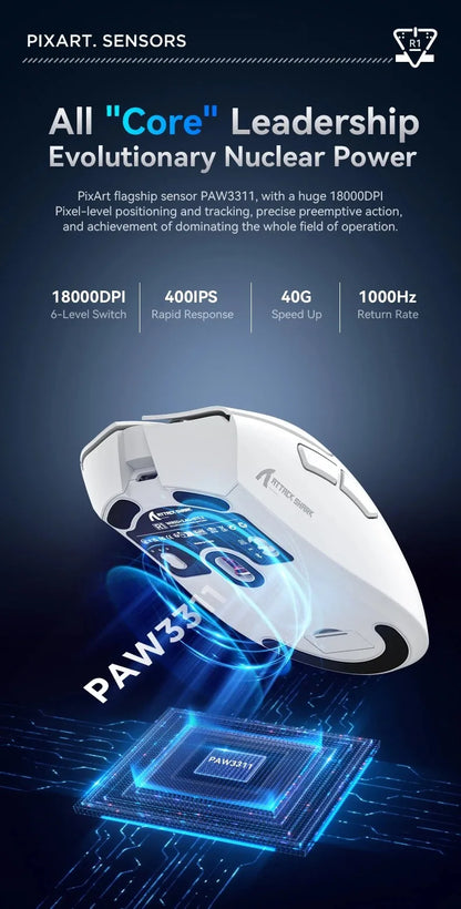 Attack Shark R1 Wireless Gaming Mouse, Tri-Mode Bluetooth Gaming Mouse with PAW3311 Sensor, 18000 DPI, 1000Hz Polling Rate, Rechargeable Ergonomic Gaming Mouse
