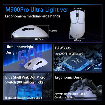 Delux M900PRO Ultra-Light Wireless Gaming Mouse, PAW3395 26K DPI, 1K/8K Polling Rate, Ergonomic Gaming Mouse for Large Hands, 50g PC Gaming Mouse