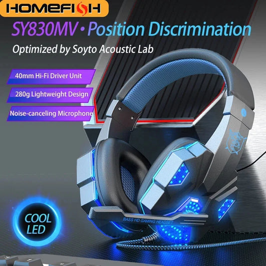 Auriculares gaming HOMEFISH SY830MV RGB con micrófono – Auriculares gaming over-ear con cable para PC, PS5, Xbox y Nintendo Switch, auriculares esports ligeros con sonido envolvente 3D
