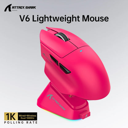 ATTACK SHARK V6 Wireless Gaming Mouse, Superlight RGB Gaming Mouse with Magnetic Charging Dock, PAW3311 Sensor, Tri-Mode Bluetooth Gaming Mouse