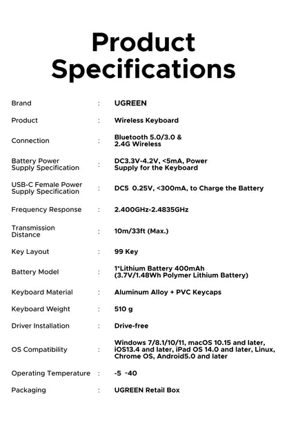 UGREEN Keyboard Wireless Bluetooth 5.0 2.4G Russian/Korean/EN 99 Keycaps For MacBook iPad PC Tablet USB C Rechargeable Keyboard