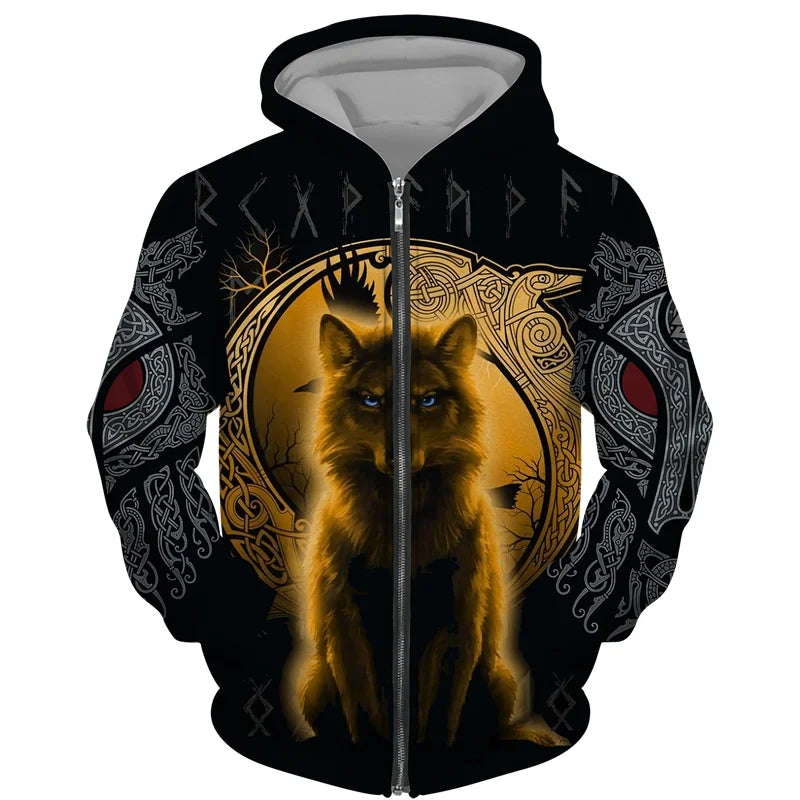 Sweat à capuz com fecho e estampado 3D de lobo, estilo streetwear, para homem/mulher, casaco com capuz unissexo casual hip-hop