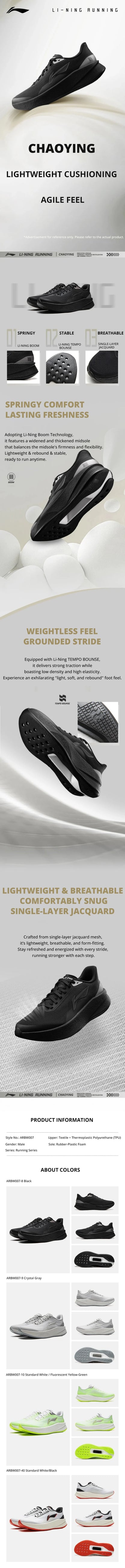 Chaussures de course Li-Ning CHAOYING pour homme, amortissantes, légères et souples, technologie TEMPO BOUNSE, confortables, modèle ARBW007