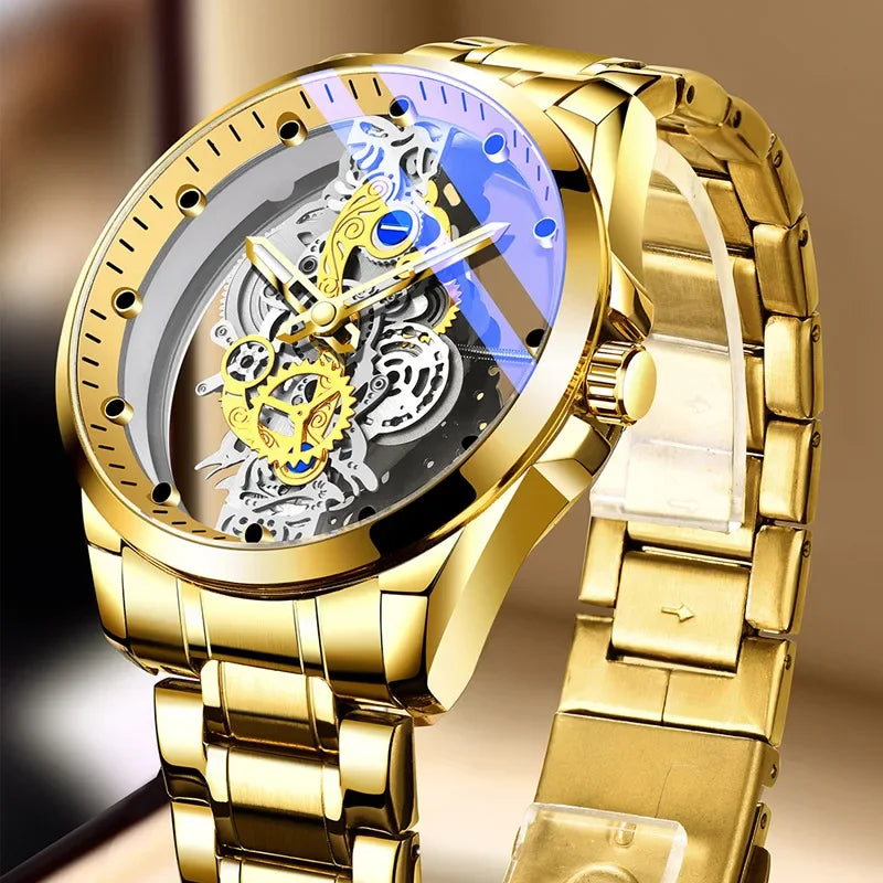 Modny zegarek męski, model z podwójnym otwieraniem, luksusowy złoty styl, imitacja mechanicznego tourbillonu, mechanizm kwarcowy.