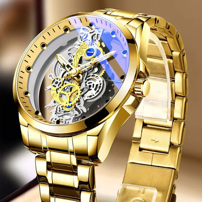 Modny zegarek męski, model z podwójnym otwieraniem, luksusowy złoty styl, imitacja mechanicznego tourbillonu, mechanizm kwarcowy.