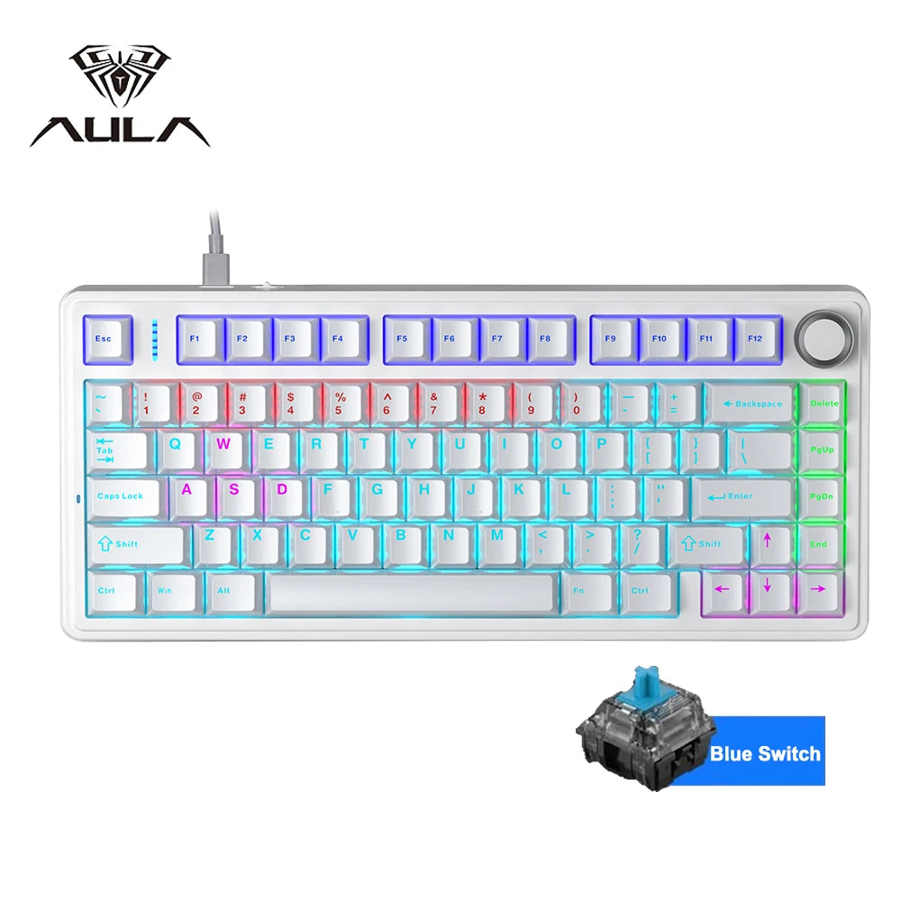 Aula F75 Wired Gaming Keyboard 75% RGB Backlight ABS Keycap Gasket Structure Hot Swappable Office Mechanical Keyboards With Knob