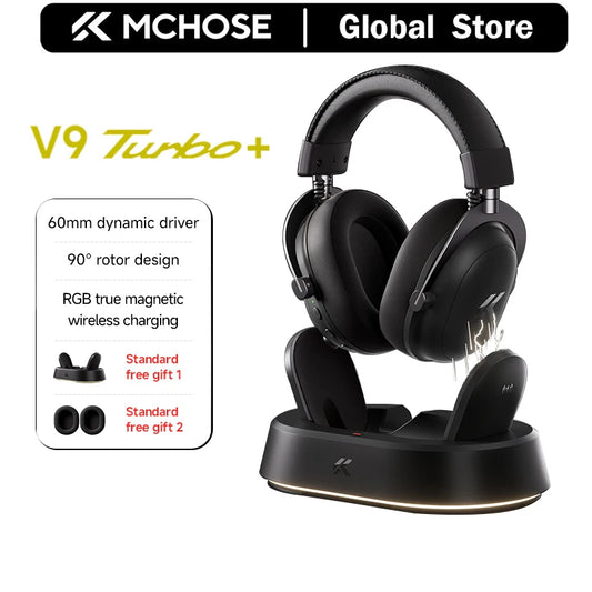 Auriculares gaming inalámbricos MCHOSE V9 Turbo con sonido envolvente 7.1, RGB, auriculares esports con drivers de 60mm, micrófono con cancelación de ruido y base de carga
