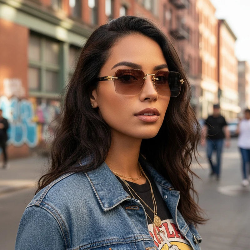 Luxury Rimless Sunglasses, Metal Hinge Exquisite Craftsmanship, Gradient Lenses Sun Protection Sunglasses 823