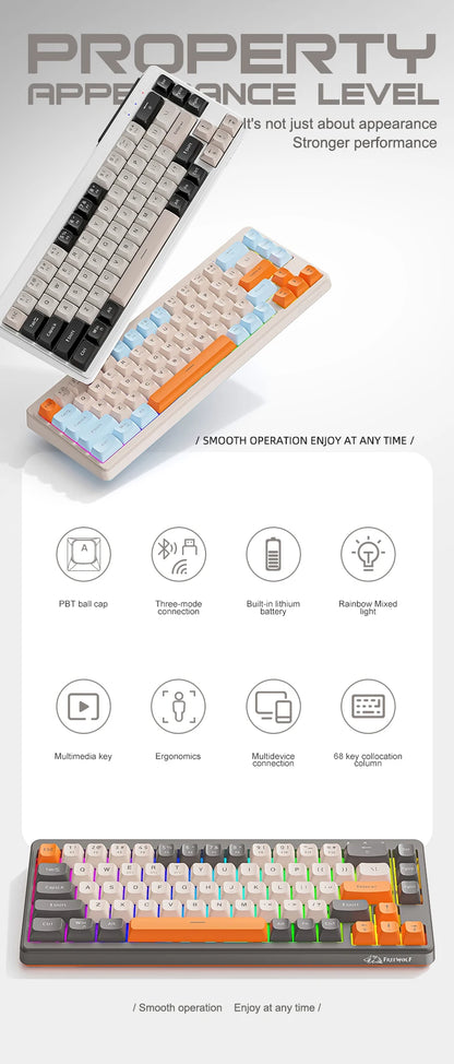 FREEWOLF M68 68 Keys Wireless Keyboard Mouse Combo, PBT RGB Tri-Mode Bluetooth/2.4G/Wired Keyboard, Silent Keyboard Mouse Set
