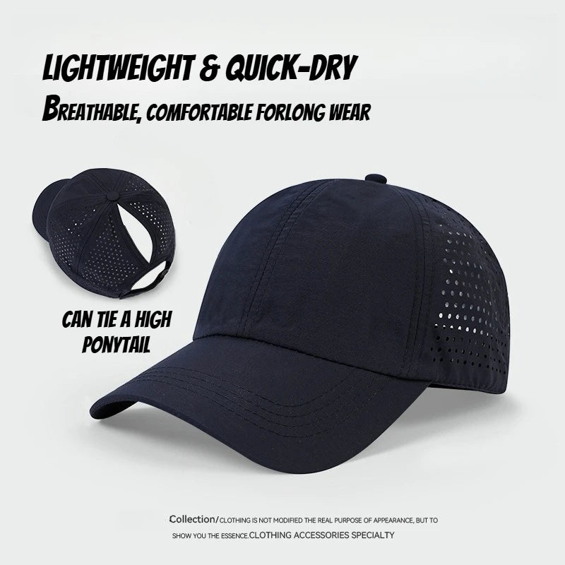 1 unidad de gorras de béisbol con lengüeta de secado rápido para mujer, protección de verano, malla transpirable, gorra transpirable, elegante y ajustable, ideal para llevar la coleta.