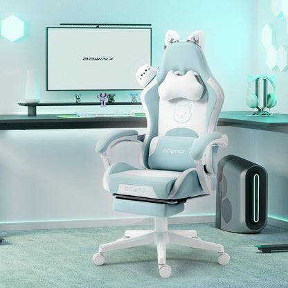 Uroczy fotel gamingowy z kocimi uszami i podnóżkiem, różowy fotel komputerowy kawaii, ergonomiczne siedzisko dla gracza z wysokim oparciem i podparciem lędźwiowym w kształcie kociej łapki