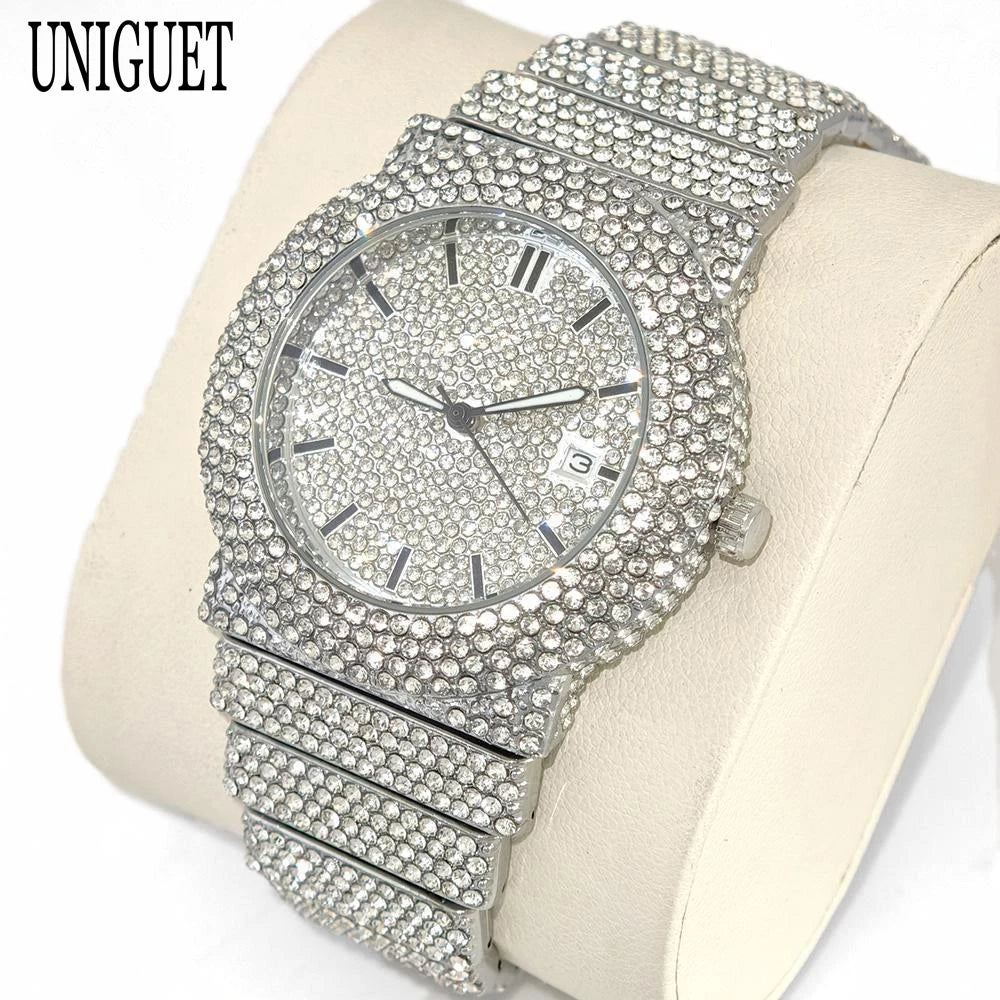 2025 UNIGUET Men's Fashion Iced Watches Luxury Hip Hop Full Diamond Jewelry Quartz Waterproof Business Wrist Watch for Men New