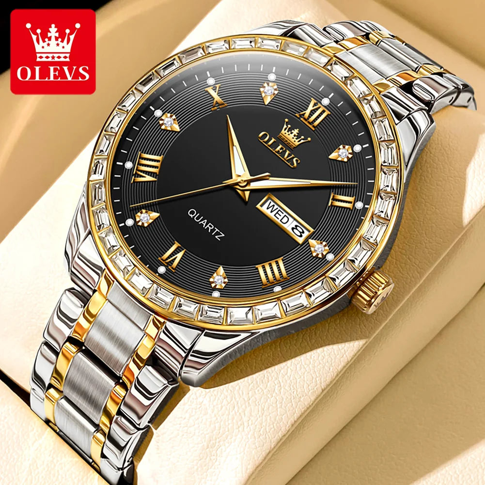 Relógio de quartzo para homem OLEVS 9906, modelo quadrado adornado com diamantes, bracelete em aço inoxidável, estanque, com calendário duplo; um relógio de pulso de luxo, original, ideal para o ambiente profissional.