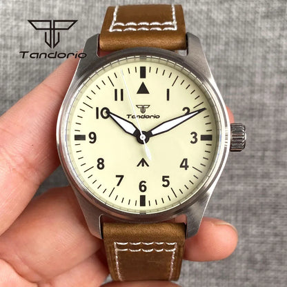 Tandorio Full Luminous Dial 39mm Men's Mechanical Pilot Watch Automatic Miyota 8215 PT5000 Steel Wristwatch AR Sapphire Crystal