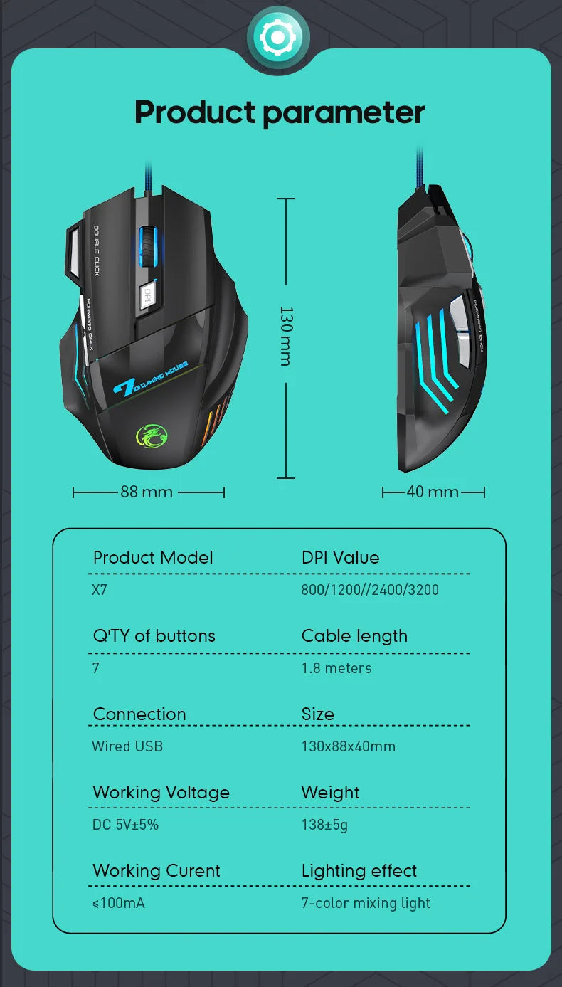 IMICE X7 Optical Gaming Mouse, Wired RGB Gaming Mouse with Adjustable DPI, Ergonomic Anti-Slip USB Gaming Mouse for PC, Laptop & Desktop