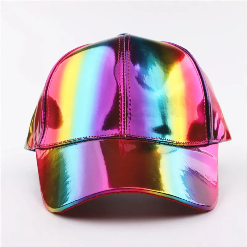 Unisex PU Rainbow Color Changing Baseball Hat Fashion Adult Laser Hip Hop Cap Outdoor Casual Snapback Shiny Party Dressing Hat