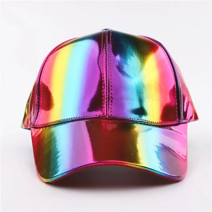 Unisex PU Rainbow Color Changing Baseball Hat Fashion Adult Laser Hip Hop Cap Outdoor Casual Snapback Shiny Party Dressing Hat