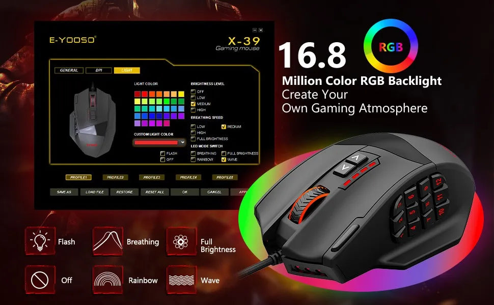 E-YOOSO X-39 Programmable Gaming Mouse RGB Wired Mouse with 17 Buttons, Adjustable DPI, Removable Weights, Ergonomic Gaming Mouse for PC