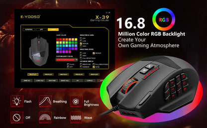 E-YOOSO X-39 Programmable Gaming Mouse RGB Wired Mouse with 17 Buttons, Adjustable DPI, Removable Weights, Ergonomic Gaming Mouse for PC