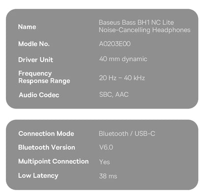 Baseus Bass BH1 NC Lite ANC Wireless Headphones Bluetooth 6.0 Noise Cancelling Headset 80H Battery Over Ear Earphones