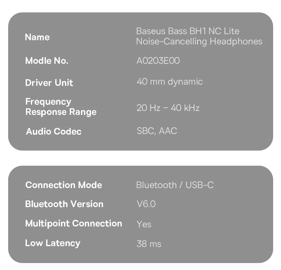 Baseus Bass EH10 NC Noise Cancelling Wireless Headphones Bluetooth 6.0 Over Ear Headset with 45dB ANC, 80H Battery, Hi-Res Audio & AI Calls