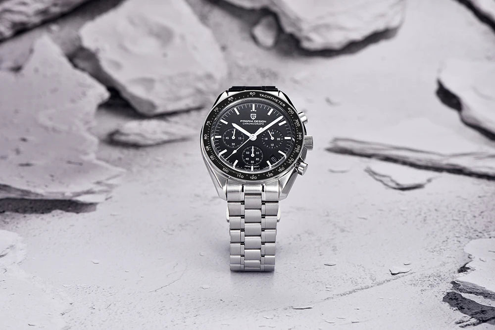 Zegarek męski PAGANI DESIGN „New Moon” – luksusowy zegarek kwarcowy, chronograf, szkło szafirowe z powłoką antyrefleksyjną, ceramiczna ramka, świecące wskazówki