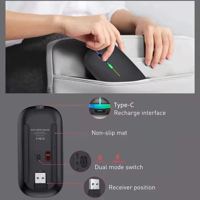 Ladattava langaton hiiri kahdella yhteystilalla, Bluetooth-yhteensopiva 2.4G USB -tietokonehiiri kannettavalle, iPadille, tabletille ja pelikäyttöön