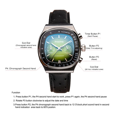 Proxima PX1734 Retro Quartz Chronograph Men Watches Sapphire Glass Enamel Dial Stainless Steel Fashion Dress Wristwatch