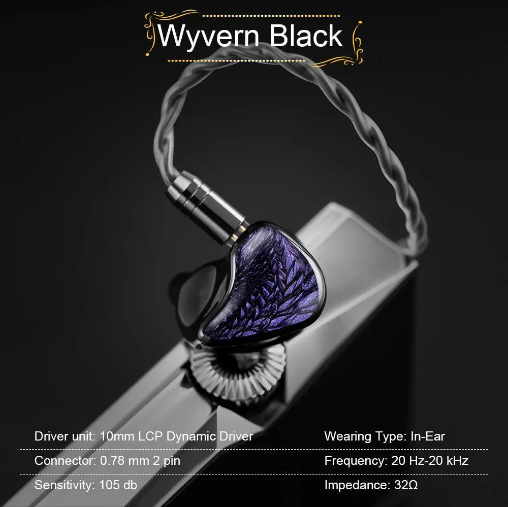 Kinera Celest Wyvern Black Dragon In-Ear HiFi Earphones 10mm LCP Dynamic Drive Music Gaming Earphones 3.5mm Type-C Lightning MIC