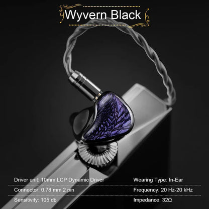 Kinera Celest Wyvern Black Dragon In-Ear HiFi Earphones 10mm LCP Dynamic Drive Music Gaming Earphones 3.5mm Type-C Lightning MIC