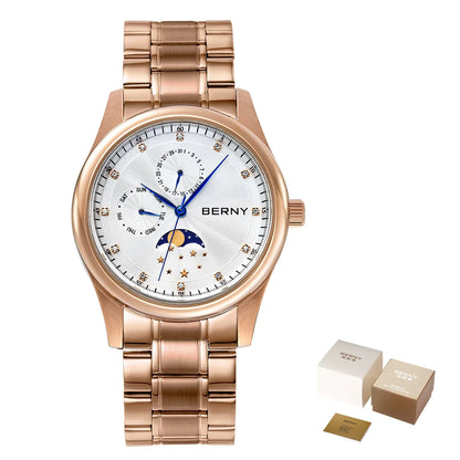 BERNY Men Watch Date Weeks Moon Phase Quartz Watches for Men Stainless Steel Leather Strap Business Wristwatch Male Clock