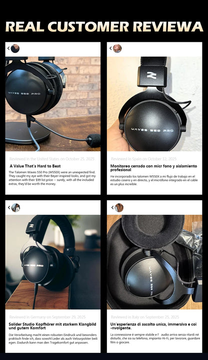TALOMEN W550x Studio Headphones – Professional Wired Over-Ear DJ Monitor Headphones with 50mm Drivers & Detachable Cable