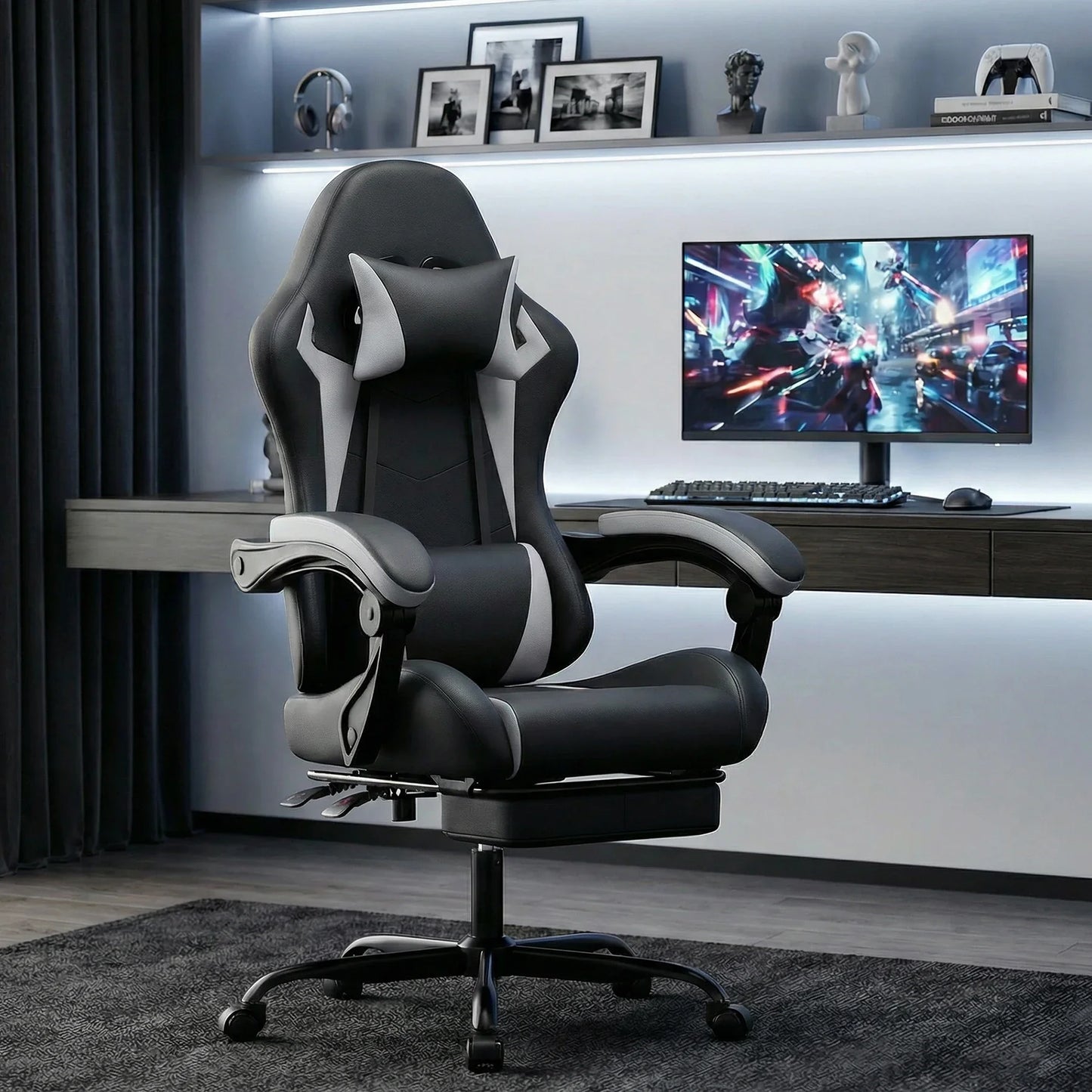 Comanlai Gaming Chair with Footrest Ergonomic High Back Gaming Chair, Adjustable Headrest & Lumbar Support, PU Leather Swivel Computer Gaming Chair for Office & Home