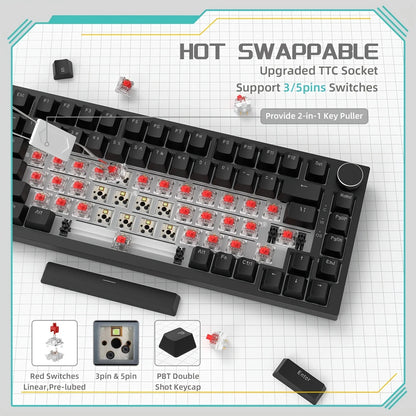 AJAZZ AK820 Mechanical Keyboard Hot-Swappable 82-Key Wired Keyboard with Rotary Volume Knob for Office, Gaming & Home