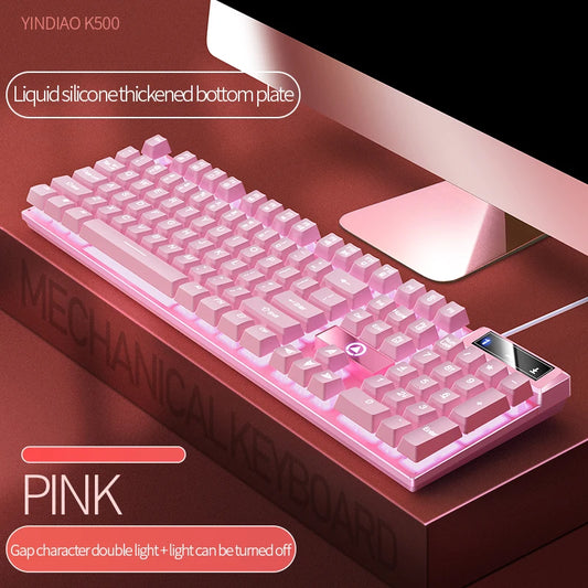K500 Pink Wired Gaming Keyboard 104 Keys with White Pink Keycaps, USB Full Size Pink Wired Gaming Keyboard for PC, Laptop & Desktop