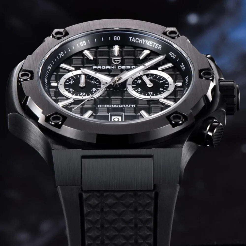 PAGANI DESIGN PD-YS032 Men's Quartz Watch 44mm Japan VK64 Movt Stainless Steel Case Rubber Strap Sapphire Glass 100M Waterproof