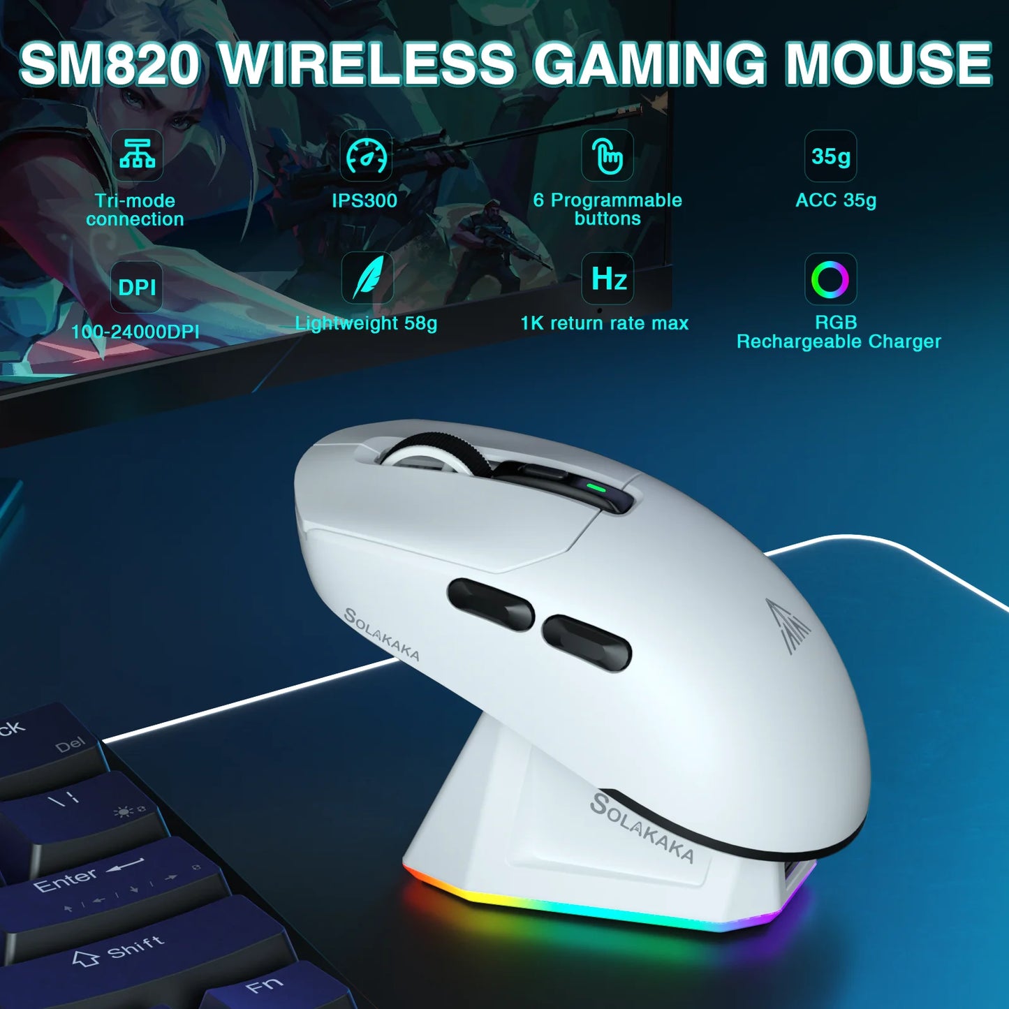 Rato Gaming Sem Fios SOLAKAKA SM820 Tri-mode Ultra-Leve, Dock Magnético Recarregável, RGB, PAW3311, 24000DPI, Macro Sem Fios
