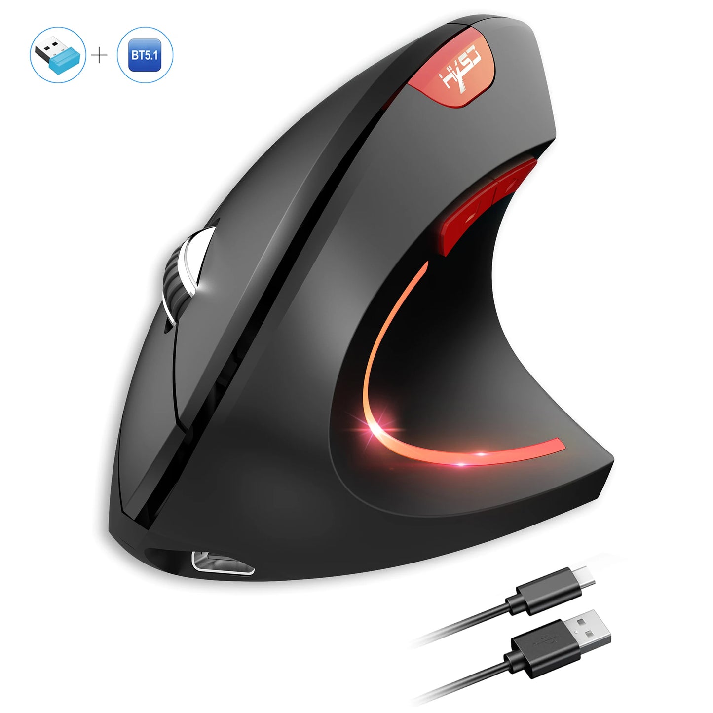 Dual Mode Wireless Vertical Mouse Bluetooth 5.1 Silent Ergonomic Mouse with 6 Buttons, Rechargeable Type-C 2400 DPI Vertical Mouse for Office Laptop PC