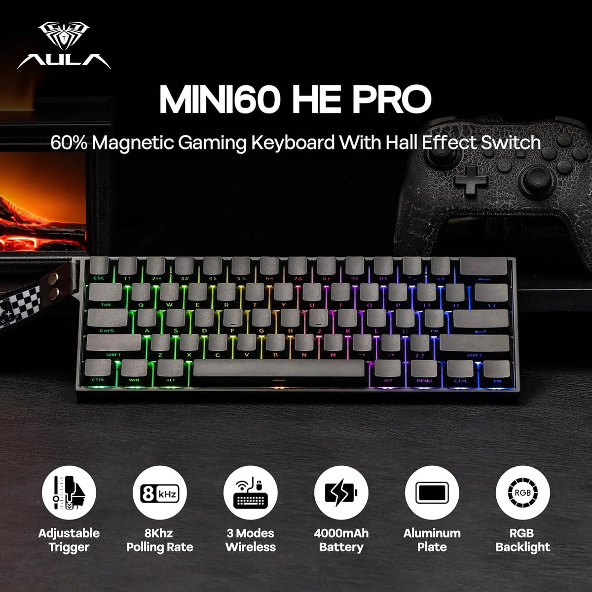 AULA Mini60 HE/Pro/Max 60% Magnetic Switch Gaming Keyboard RGB Tri Mode Mechanical Keyboard 8000Hz 0.01mmRT for E-Sports Gifts