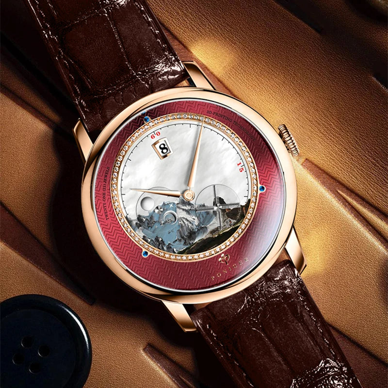 PONIGER Sapphire Crystal Glass Wrist Watch Painting Dial Man Leather Automatic Wristwatch MIYOTA 8219