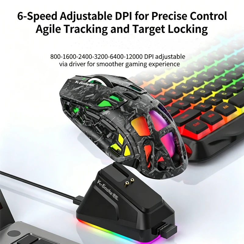 Lahka gaming miška Lenovo Tri-Mode z RGB polnilno postajo, 12000DPI, 2.4G/Bluetooth/žično, ergonomska miška za PC in prenosnik