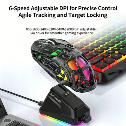 Lahka gaming miška Lenovo Tri-Mode z RGB polnilno postajo, 12000DPI, 2.4G/Bluetooth/žično, ergonomska miška za PC in prenosnik