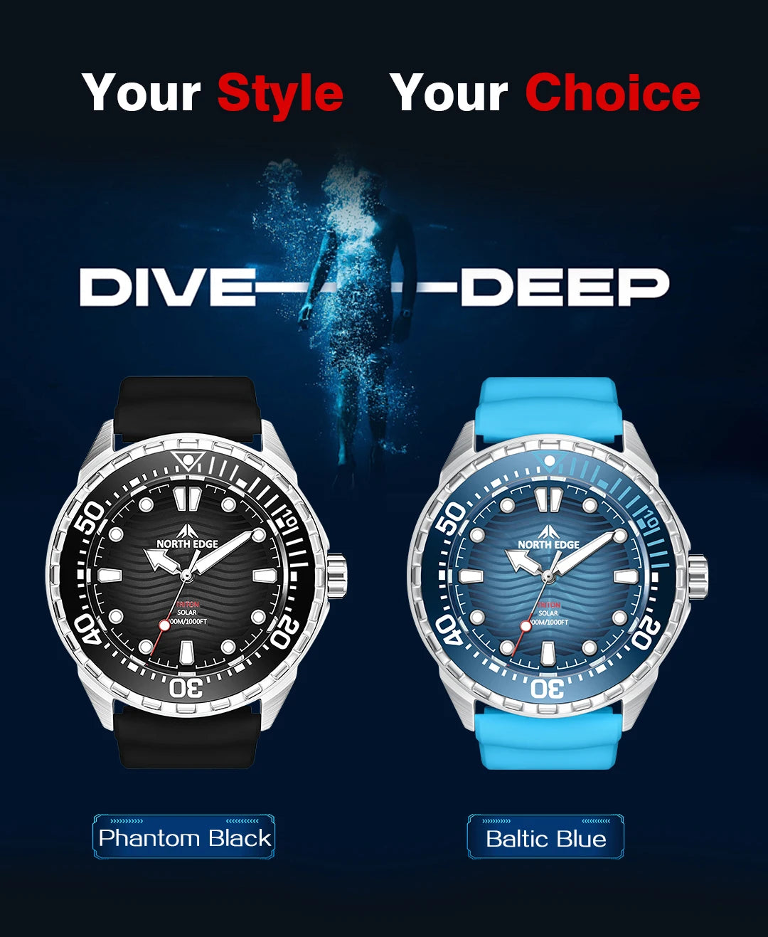 NORTH EDGE New TRITON Solar Powered Dive Watch Men Luxury Quartz Watches For Men 316L Stainless Steel Case Waterproof 300M