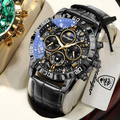 Luksusowy zegarek na rękę POEDAGAR dla mężczyzn – sportowy chronograf, wodoodporny i podświetlany, z skórzanym paskiem, mechanizm kwarcowy