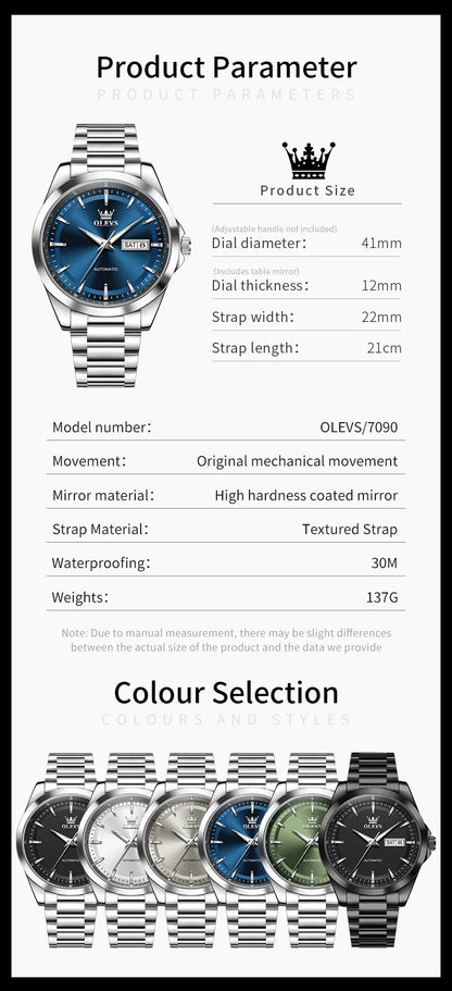 OLEVS Watches Man 7090 Luxury Original Automatic Mechanical Watch Waterproof Large Dial Week Date Watches For Man Gifts New