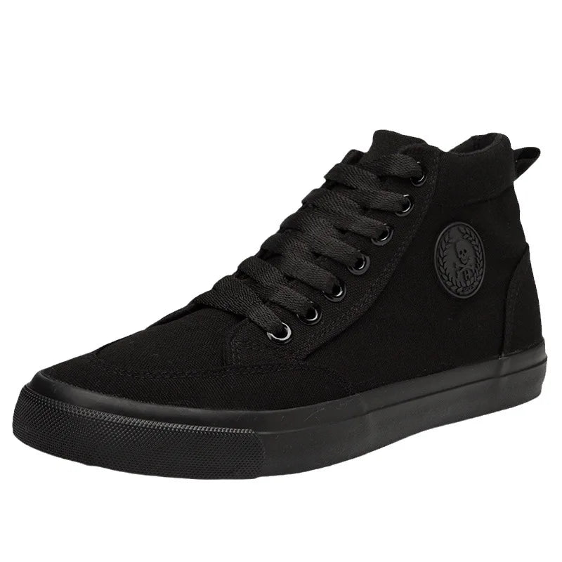 Baskets montantes en toile pour hommes, chaussures de Skate décontractées à lacets, toutes noires, pour étudiants, semelle plate, chaussures de Sport confortables