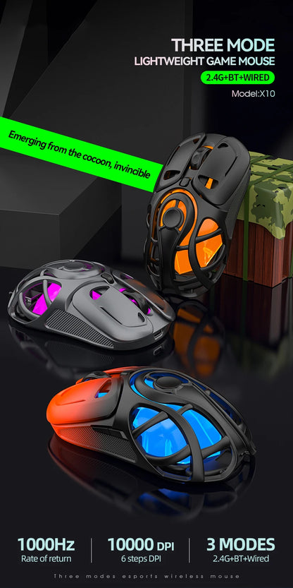 X10 Tri-Mode Gaming Mouse Wireless Bluetooth Gaming Mouse, 10000 DPI RGB Rechargeable Gaming Mouse, BT/2.4G/Wired Gaming Mouse for PC, Mac & Laptop