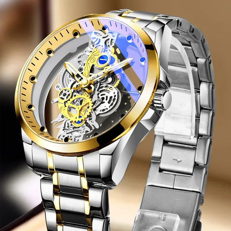 Modny zegarek męski, model z podwójnym otwieraniem, luksusowy złoty styl, imitacja mechanicznego tourbillonu, mechanizm kwarcowy.